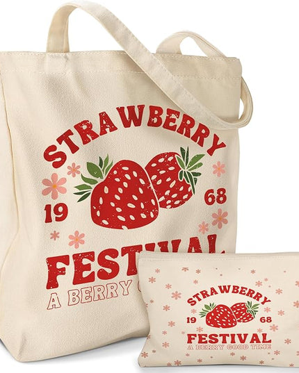 Aesthetic 2 Pack Canvas Tote Bag - with Makeup Pouch Bag for Women Reusable Grocery Bag for Gym, Travel, Work