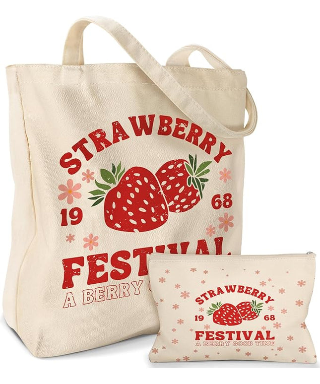 Aesthetic 2 Pack Canvas Tote Bag - with Makeup Pouch Bag for Women Reusable Grocery Bag for Gym, Travel, Work