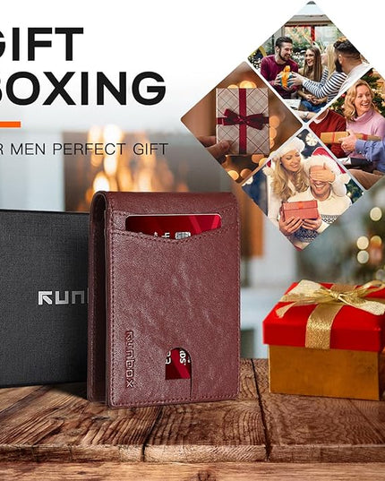 RUNBOX Wallet for Men Slim Leather Bifold RFID Blocking Minimalist Front Pocket Design with Gift Box