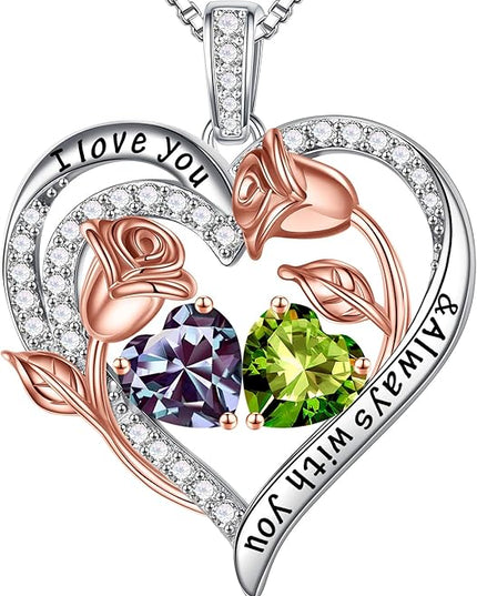 Iefil Christmas Gifts for Women Wife - 925 Sterling Silver Rose Heart Birthstone Necklace Birthday Anniversary Jewelry Gifts for Her Wife Mom Daughter