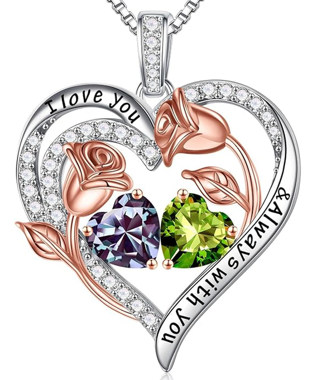 Iefil Christmas Gifts for Women Wife - 925 Sterling Silver Rose Heart Birthstone Necklace Birthday Anniversary Jewelry Gifts for Her Wife Mom Daughter