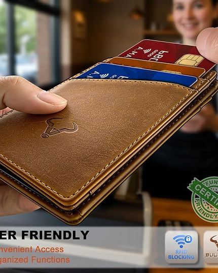 BULLIANT Men Wallet,Top Grain Leather Slim Wallet Magnetic Closure Simplifed Bill Folder RFID Blocking 11Cards