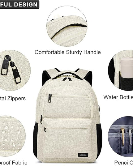 Teen Girls School Backpack 15.6 Inch Laptop Bookbag - Water Resistant College Backpack for Students, Lightweight & Sturdy, Beige