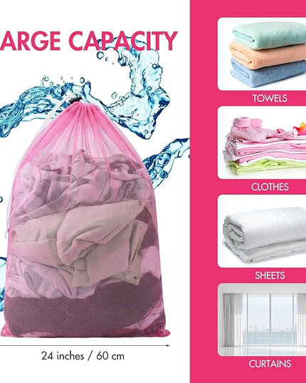 Berlune 30 Pack Large Mesh Laundry Bags, 24 x 36 Inch Bulk Wash Set with Drawstring for Commercial Use, Dorms, Vacation Rentals, Laundromats, Apartments & Facilities(Pink)