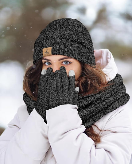 Winter Beanie Hat Scarf Gloves, Warm Fleece Knit Hats Touch Screen Gloves Neck Scarf Set Winter Gifts for Unisex Adult