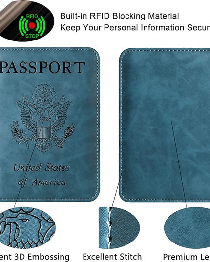 Passport Holder Cover Wallet Travel Essentials Leather Rfid Blocking Case Vacation Luggage Must Haves Travel Accessories for Men Women (116#Blue)