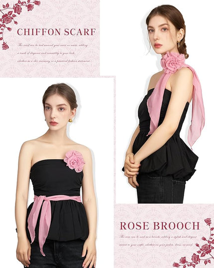 Chiffon Scarf for Women, Removable Flower Neck Scarf Light Soft Fashion Rose Scarves Versatile Headband or Hair Band