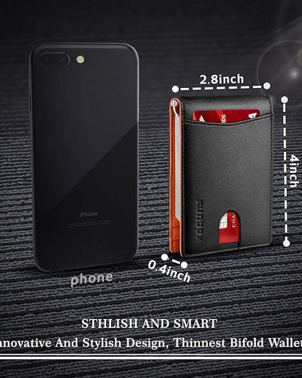 RUNBOX Slim Wallet for Men Genuine Leather RFID Blocking Bifold Minimalist Front Pocket Mens Wallet with Money Clip Thin Gift Box