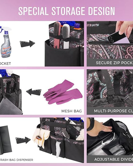 Wearable Cleaning Caddy, Cleaning Caddy Supplies Organizer with Handle & Shoulder Straps for Housekeepers, Under Sink & Car Cleaning Tool Organizers Bag with 4 Foldable Divider (Totem)