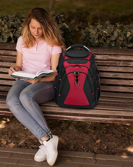 KROSER Travel Laptop Backpack 17.3 Inch XL Computer Backpack with Hard Shell Saferoom RFID Pockets Water-Repellent Business College Daypack Stylish Bag for Men/Women-Black Red