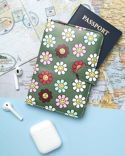 Life is Good Travel Passport Cover - Anti-Theft Passport Holder Wallet with Interior Card Slots, Magnetic Snap Closure, Happy Daisy