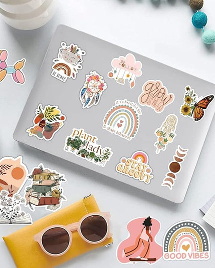 300 PCS Aesthetic Boho Stickers, Cute Vinyl Waterproof Stickers for Water Bottles Laptop Phone Journaling Scrapbook Junk Journal, Scrapbooking Supplies Kit, Sticker Packs for Adults Teens