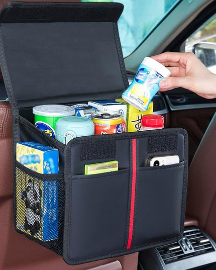 Hanging Car Seat Organizer with Lid - Premium PU Leather Backseat Organizer for Kids & Adults (Black)