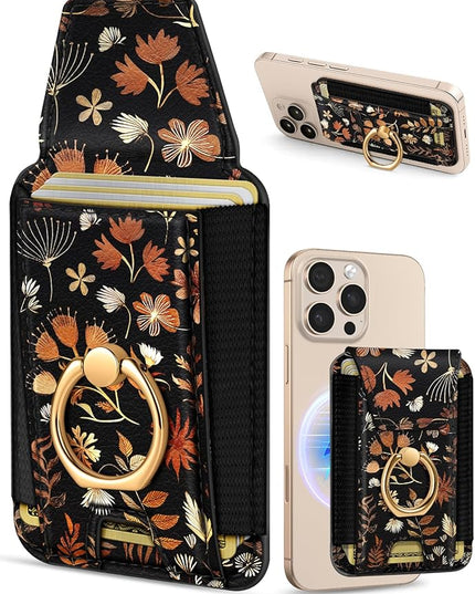Shorogyt Compatible with Magsafe Wallet with Grip Magnetic Card Holder - Cute Phone Wallets with Ring Stand Grip for iPhone 17/16/15/14/13/12 Series for Women Girls Black Leaves Design, Fit 7 Cards