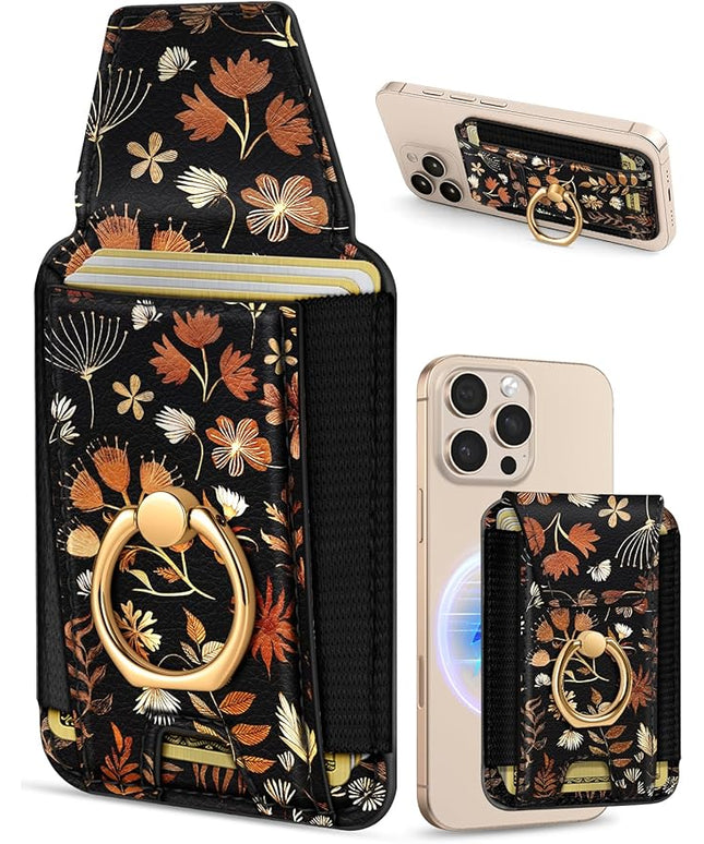 Shorogyt Compatible with Magsafe Wallet with Grip Magnetic Card Holder - Cute Phone Wallets with Ring Stand Grip for iPhone 17/16/15/14/13/12 Series for Women Girls Black Leaves Design, Fit 7 Cards