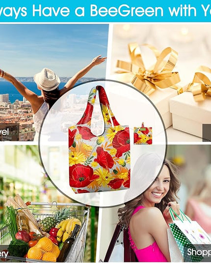 BeeGreen Flowers Reusable Grocery Bags Reusable Kitchen Bags Bulk Foldable-Machine Washable with Zipper Storage Pouch 6 Packs
