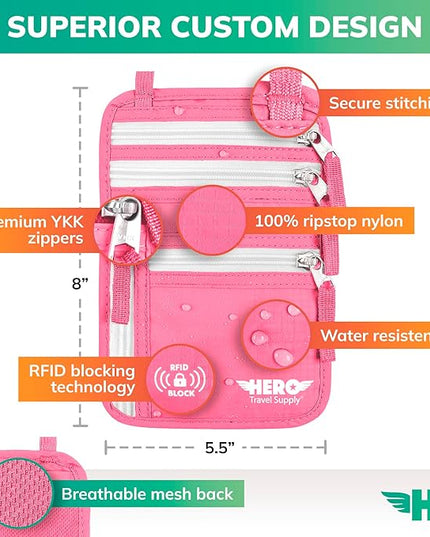Hero Travel Supply Neck Wallet, RFID Blocking Passport Holder, Easy to Conceal Pouch (Hot Pink)