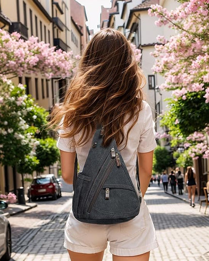 Vintage Canvas Sling Bag with Genuine Leather Zipper, 3 in 1 Crossbody, Backpack, and Chest Bag, for Travel, Hiking, 16x10x6 Inches, Black