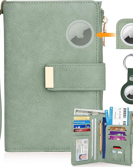 HUANLANG Passport Holder with Airtag for Women/Men, Airtag Passport Wallet for Travel Leather Passport Holder RFID Blocking,Travel Passport Walelt with Credit Card Holder