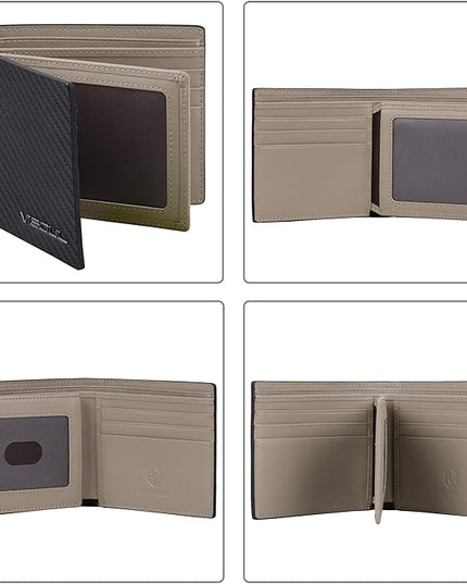 VISOUL Mens Carbon Fiber Leather Bifold Wallet with 2 ID Windows, RFID Blocking Wallet with 2 Money Compartments, Stylish Two-tone Back Pocket Wallet for Men (Black+Light Gray)