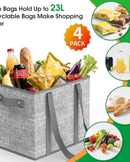 Fab totes Reusable Grocery Bags, Large Foldable Shopping Tote Bags with Reinforced Handles & Hard Bottom,4 Pack, Grey