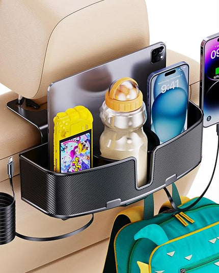 Car Headrest Cup Holder for Back Seat Organizer for Type-c/Lightning Retractable Charging Cables Multi- Hanging Snack Storage Box with Strong Hooks for Kids and Fast Charging for Travel Accessories