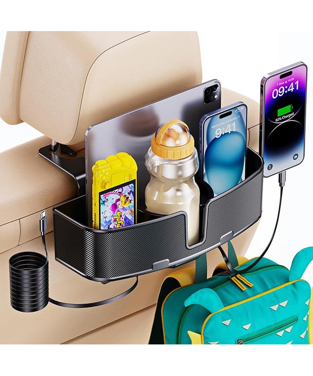 Car Headrest Cup Holder for Back Seat Organizer for Type-c/Lightning Retractable Charging Cables Multi- Hanging Snack Storage Box with Strong Hooks for Kids and Fast Charging for Travel Accessories
