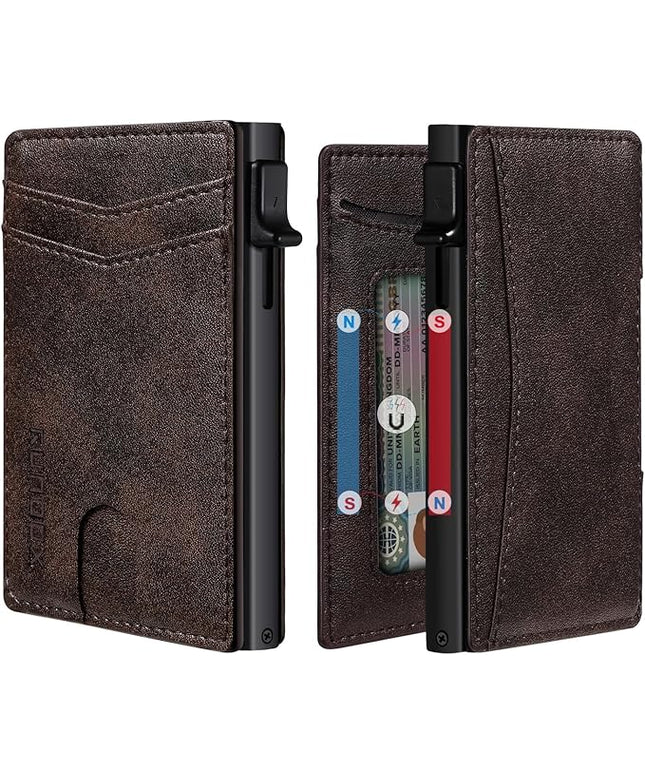 RUNBOX Slim Card Wallet for Men with ID Window – Minimalist RFID Wallet, Pop-Up Function, Ultra Thin Design, Metal Business Card Case Holds 8+ Cards, Gifts for Men, Men's Accessories
