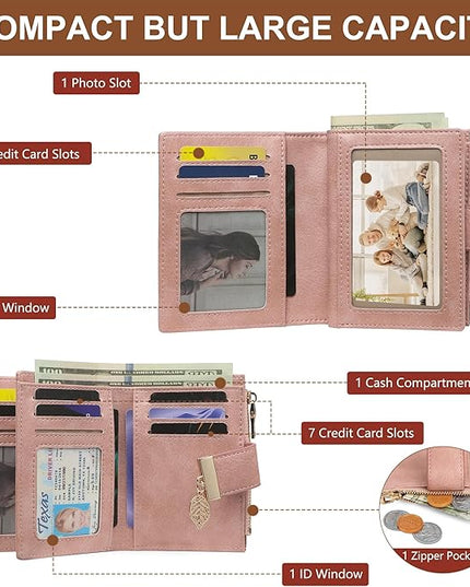 yiijay Small Wallet Women RFID Blocking Leather Bifold Wallet Credit Card Holder for Women Ladies Compact Wallet Mini Purse With Zipper Pocket