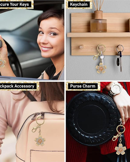 Flower Keychain - Gold 3D Sparkling Charm Rhinestones Fashionable Stylish Metal Alloy Durable Key Ring Bling Crystal Jewelry Accessory with Clasp for Key Chain, Bag, Purse, Backpack, Handbag