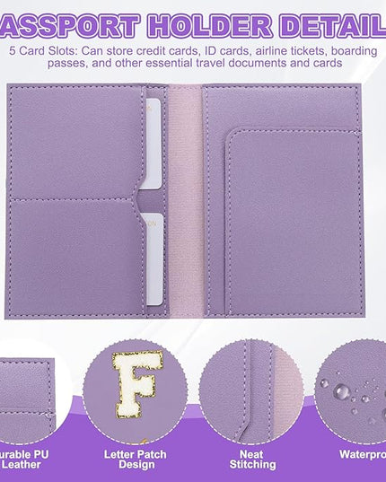PATIKIL Passport Holder for Travel, Initial Passport Cover and Luggage Tag Set with Alphabet Chenille Letter Patch Travel Wallet Bag Suitcase Identifier for Women Family Travel Purple F