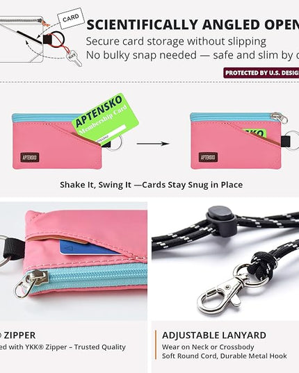 RFID Travel Wallet with Adjustable Lanyard-Zipper Small Wallet with ID Card Holder, Keychain for women&men-Minimalist Slim Waterproof Nylon case for ID, Cash, Key (Pink)