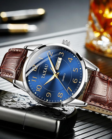 Men Dress Watch Waterproof Leather Watches for Men with Day Date Luxury Large Arabic Numerals Analog Quartz Classic Leather Watch Easy Read relojes para Hombres