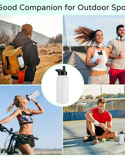 DOMICARE 32 oz Insulated Water Bottle, Vacuum Insulated Stainless Steel Sports Water Bottle with Straw Lid & Spout Lid, Leakproof, Reusable - Travel, Camping, Bike, White