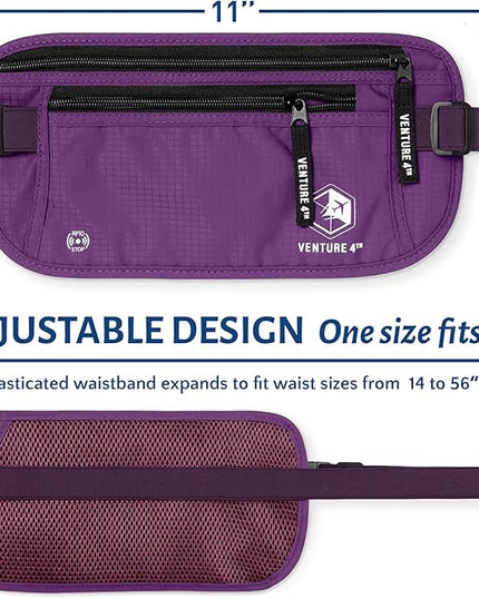 VENTURE 4TH Money Belt for Travel – Hidden Under-Clothes RFID Blocking Passport Holder & Slim Travel Wallet Pouch for Men & Women to Protect Cash, Cards & Documents (Purple)