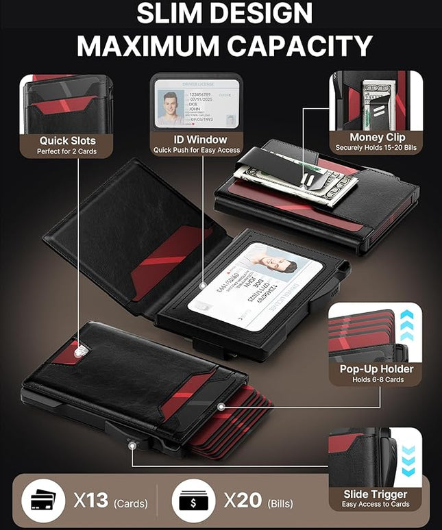 typecase Wallet for Men: Rfid Blocking Wallet 9-13 Card Capacity with Money Clip Slim Leather Front Pocket Smart Pop Up Card Case Bifold Minimalist Wallet with Gift Box - Atlanta Black
