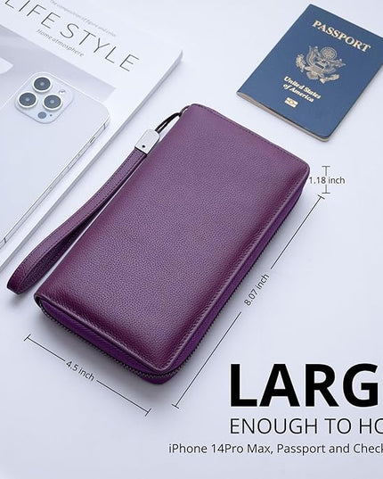 Bveyzi Women RFID Blocking Wallet Leather Zip Around Phone Clutch Large Capacity Ladies Travel Purse Wristlet | RFID Blocking, Zip Around, Large Capacity