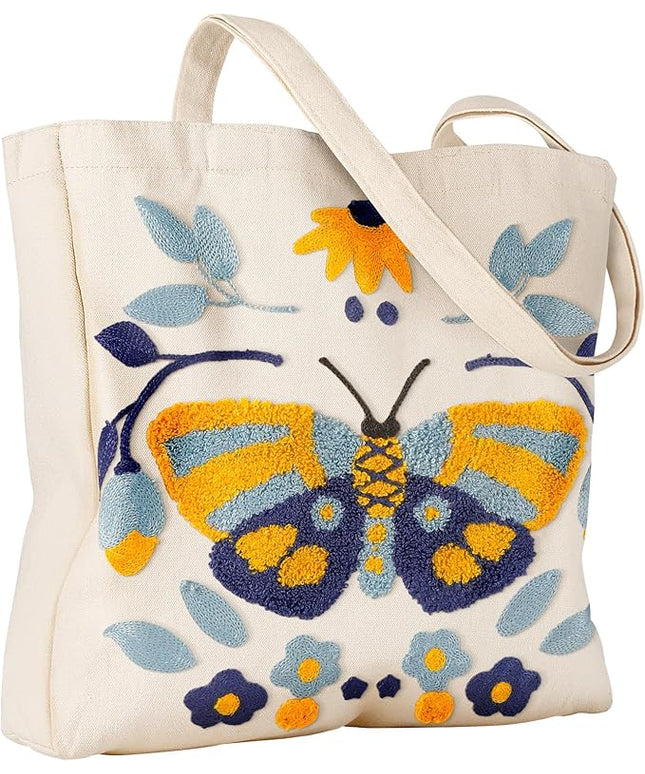 Aesthetic Embroidery Tote Bag for Women - Reusable Canvas Cute Shoulder Bag for Shopping, Grocery, Work, Book