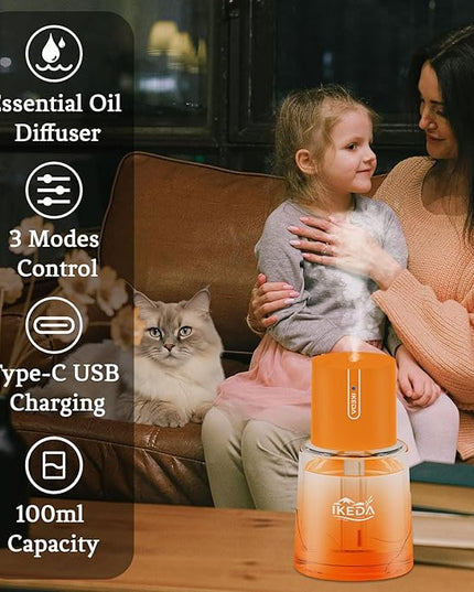 Ikeda Essential Oil Diffuser, 100ml Glass Car Essential Oil Diffuser,Portable Car Aroma Air Diffuser, 3 Timers & 300 mAH Battery Operated Mini Humidifier Diffuser, Auto Shut-Off, Orange