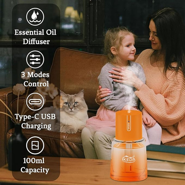 Ikeda Essential Oil Diffuser, 100ml Glass Car Essential Oil Diffuser,Portable Car Aroma Air Diffuser, 3 Timers & 300 mAH Battery Operated Mini Humidifier Diffuser, Auto Shut-Off, Orange