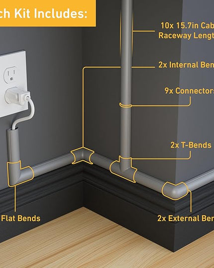 D-Line 157in Cord Cover Kit, Self-Adhesive Wire Hiders, Cable Raceway to Hide Wires on Wall, Electrical Cable Management - 10x 15.7 Lengths & 19 Accessories - 1.18" (W) x 0.59" (H) - Gray