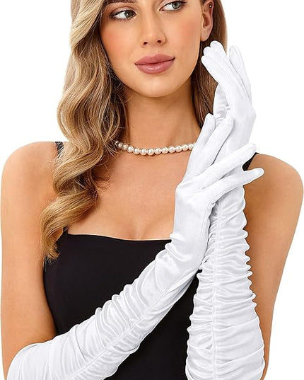 LATTEMARMALATTE Long Satin Shirred Opera Gloves 1920s Elbow Length Accessory for Women’s Weddings, Halloween & Masquerade
