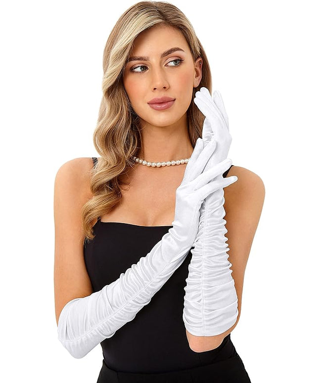 LATTEMARMALATTE Long Satin Shirred Opera Gloves 1920s Elbow Length Accessory for Women’s Weddings, Halloween & Masquerade
