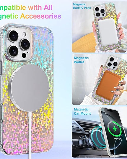 Glitter Case for iPhone 16 Pro Case for Women Girls [ Compatible with Magsafe ] Clear Cute Girly Aesthetic Colorful Iridescent Rainbow Sparkly Sparkle Bling Magnetic Protective Phone Cover