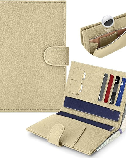Genuine Leather Passport Holder for Women Men, Hidden Airtag Pocket, RFID Blocking, Zippered Coins Pocket & Cash Compartment Travel Gifts Essentials Passport Cover Case - Warm Grey