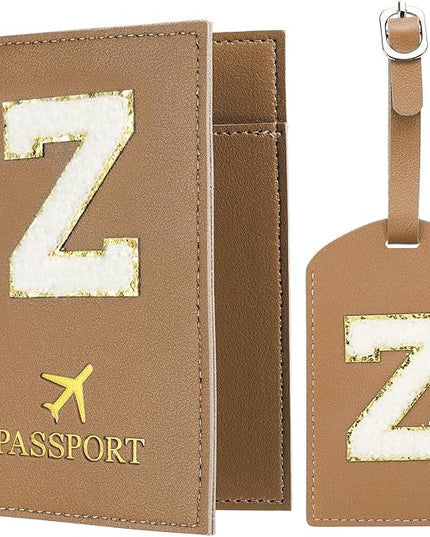 PATIKIL Passport Holder for Travel, Initial Passport Cover and Luggage Tag Set with Alphabet Chenille Letter Patch Travel Wallet Bag Suitcase Identifier for Women Family Travel Brown Z