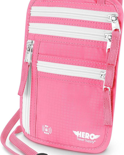 Hero Travel Supply Neck Wallet, RFID Blocking Passport Holder, Easy to Conceal Pouch (Hot Pink)