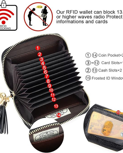 APHISON RFID Credit Card Holder Zipper Card Case Keychain Small Wallet for Women 1927 BLACK
