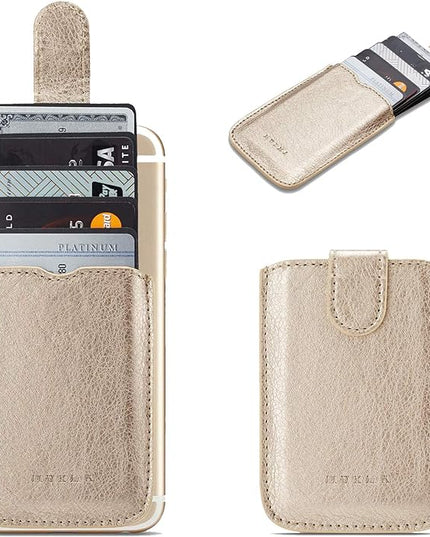 Phone Card Holder RFID Sleeve, Pu Leather Back Phone Wallet Stick-On Pull up 5 Card Holder Cards Cash for iPhone/Android/Samsung/All Smartphones (Gold)
