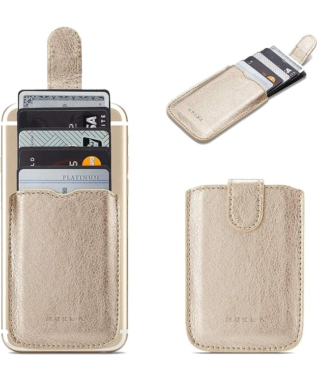 Phone Card Holder RFID Sleeve, Pu Leather Back Phone Wallet Stick-On Pull up 5 Card Holder Cards Cash for iPhone/Android/Samsung/All Smartphones (Gold)